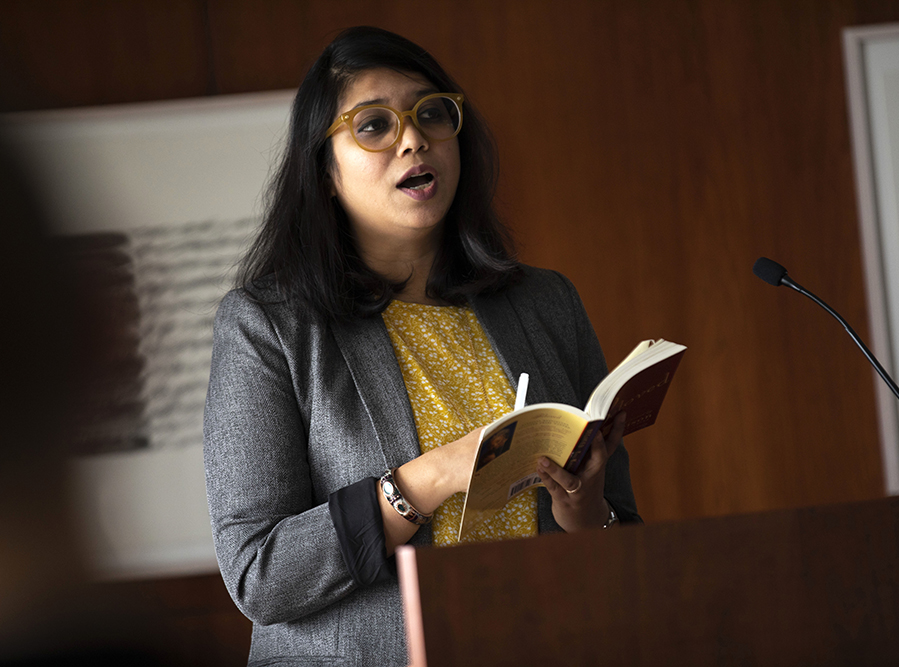 Doctoral Student Nazia Manzoor reads a selection from Beloved while UAlbany faculty, students and community came together to pay tribute to the late Toni Morrison, Pulitzer prize winning former UAlbany English professor, in the Science Library Standish Room at the University at Albany on Friday, November 1, 2019. The event was sponsored by the English Department, New York State Writers Institute, and English Graduate Student Organization. (photo by Patrick Dodson)