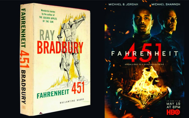 Fahrenheit 451 book cover next to poster for 2018 film