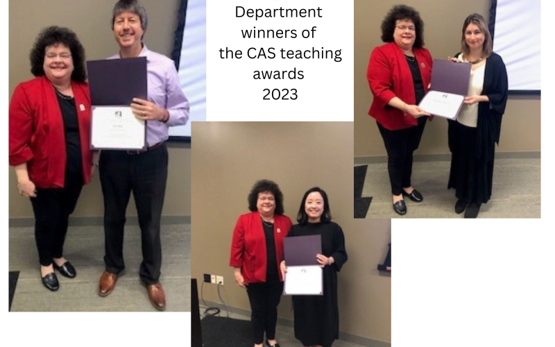 Award winners, Professro Stasi and Instructors Eugene Pae and Audrey Peterson-McCann with Dean Altarriba