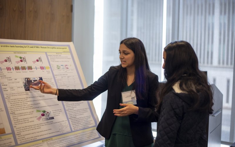 A high school scholar points at their research presentation during the 2023 Upstate New York Junior Science and Humanities Symposium at UAlbany. 
