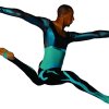 man in blue leaping with arms and legs extended