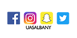 facebook icon, white f on blue background. Instagram icon, small square with white camera outline. Snapchat icon with white ghost over yellow square. Twitter icon with white bird icon over light blue tile. 