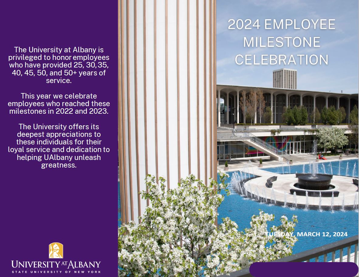 2024 Employee Milestone Celebration Program Cover showing the UAlbany fountain