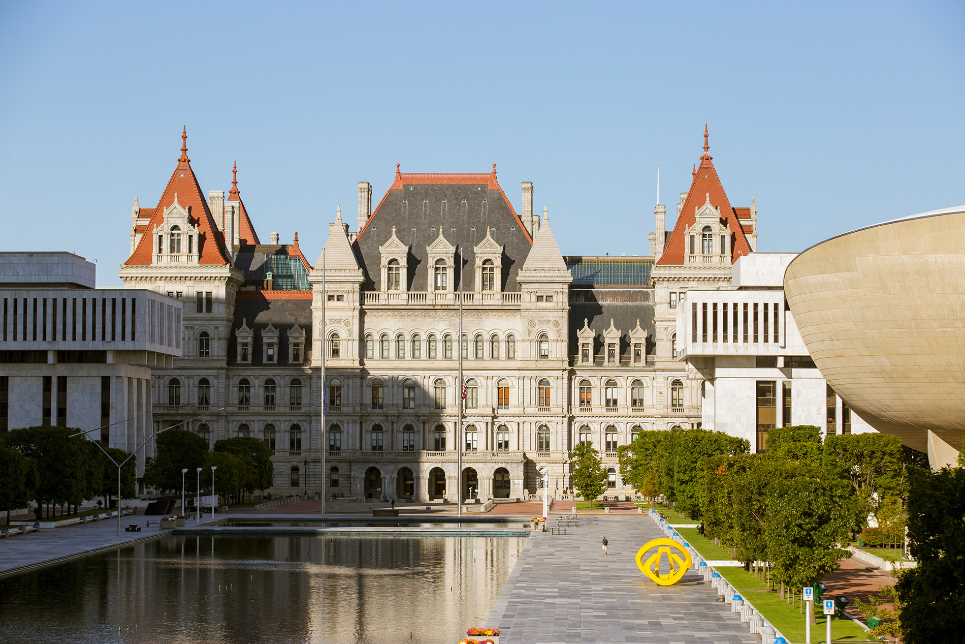 A view of Empire State Plaza in downtown Albany featuring the Capitol Building and The Egg.