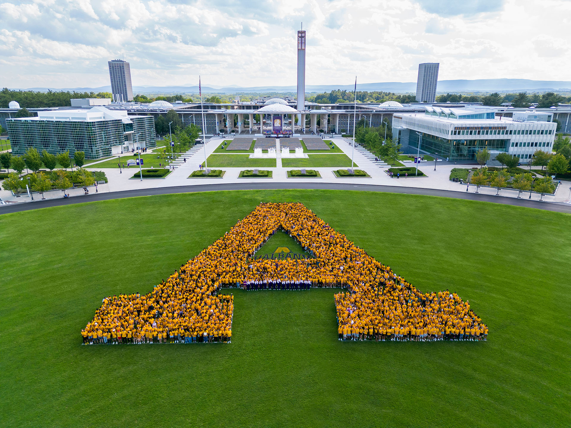 UAlbany students forming an A in Collins Circle