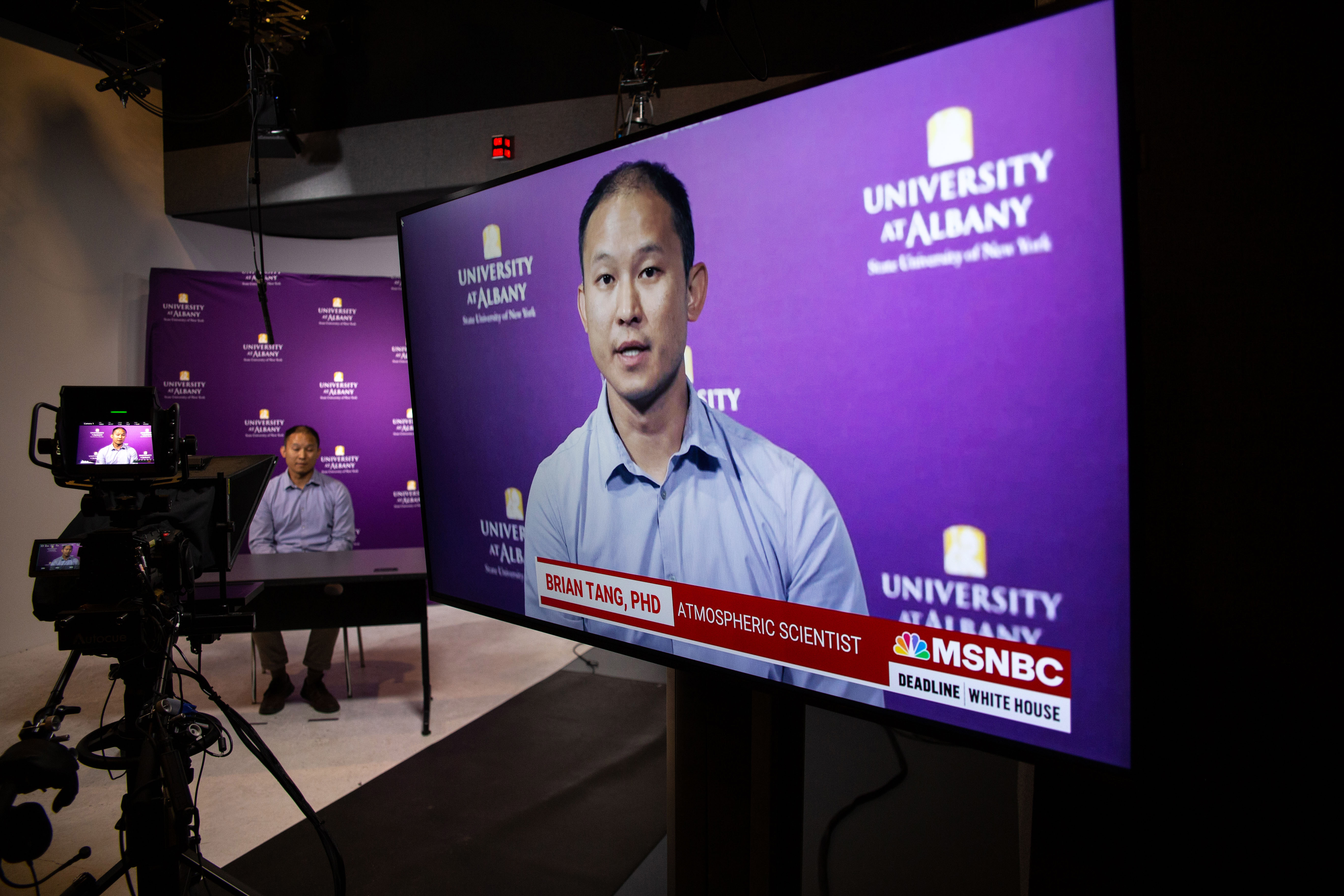 Brian Tang interviews with MSNBC from UAlbany's satellite studio space.