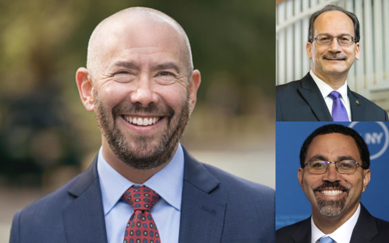 A composite photo of three smiling men.