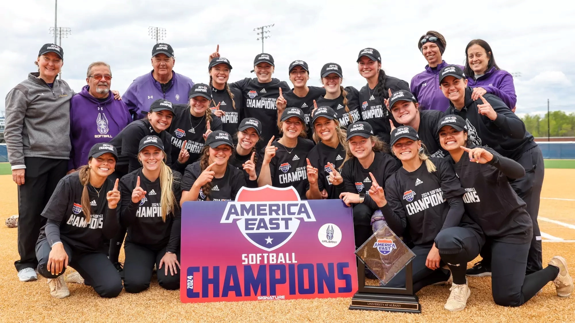 UAlbany women's softball celebrates the 2024 America East Championship