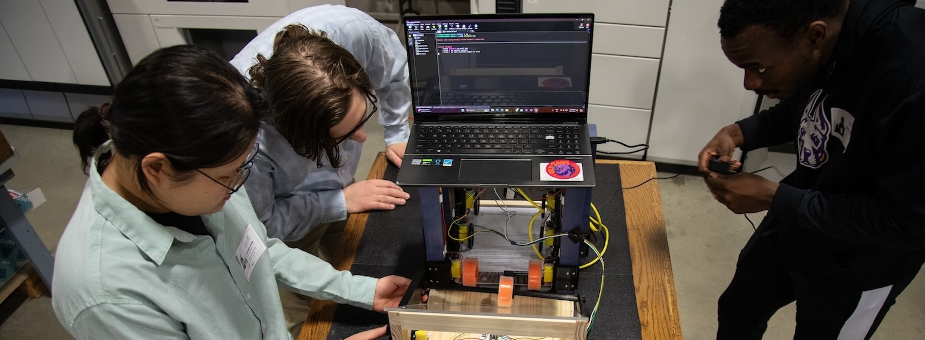 Jacob Bruno, Jordan Jung and Shak Williams built a mail-sorting machine as part of a CREATE capstone project for Professor Jonathan Muckell's class.