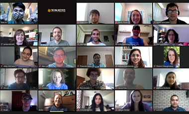 A Zoom session from the RNA Institute’s Undergraduate Summer Fellowship shows interaction among 23 of the student participants along with Institute Director Andy Berglund, bottom row, second from the left. 