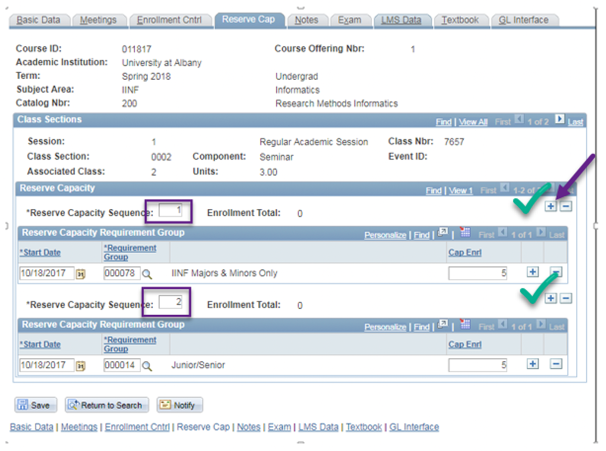 A screenshot of the PeopleSoft page, showing how to ensure each serve has its own Reserve Capacity Sequence Number.