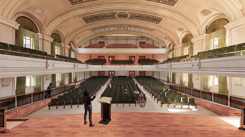 An artist's rendering of a renovated, three-level auditorium looking from the stage toward the back.