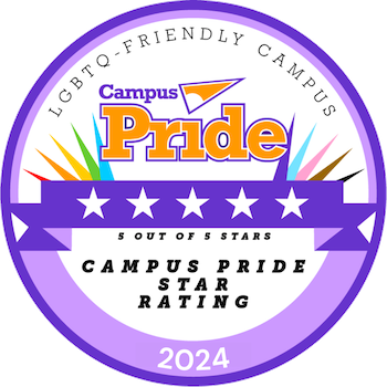 A white and purple logo reads "Campus Pride LGBTQ-Friendly Campus 5 out of 5 stars"