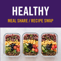 A purple rectangle has the words "Healthy meal share / recipe swap" written in bold capital letters. Below the purple box is an image of three glass containers containing healthy colorful meals.