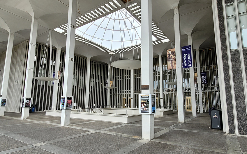 The exterior of the Performing Arts Center on UAlbany's Campus