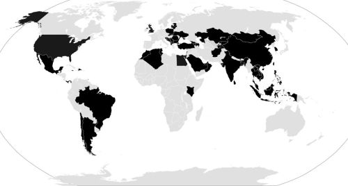 map of the world with many countries highlighted in black