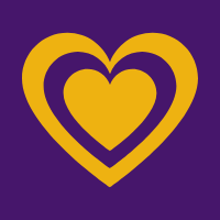 A yellow heart sits on a purple background