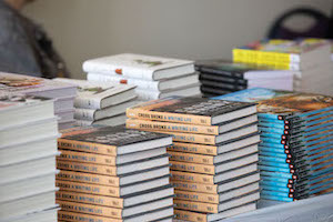 Stacks of books on a table