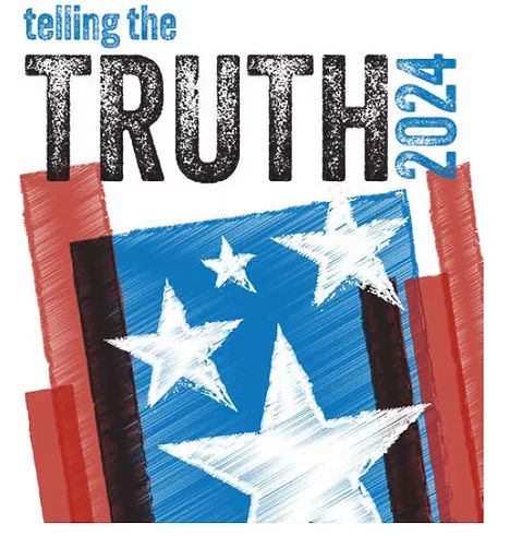 a logo reading "telling the truth 2024" over white stars on a blue, red and black background