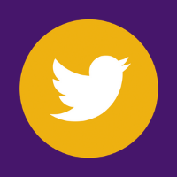 The twitter logo sits in a yellow circle on a purple background