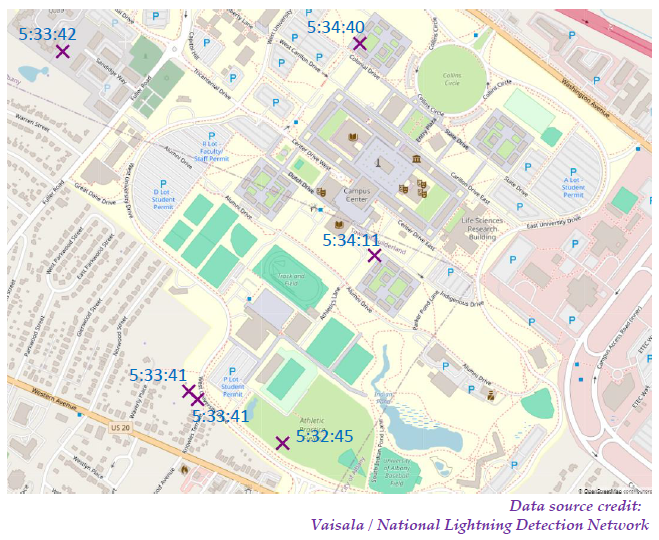 An overhead map of UAlbany's campus with purple Xs signifying the locations of six lightning strikes.