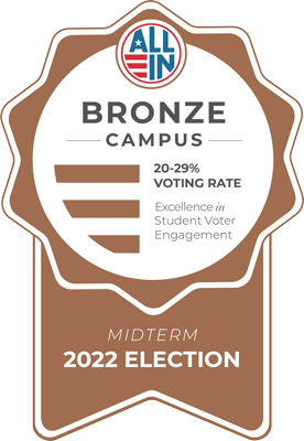 All In Bronze Campus 20-29% Voting Rate, Excellence in Student Voter Engagement Midterm 2022 Election Seal.