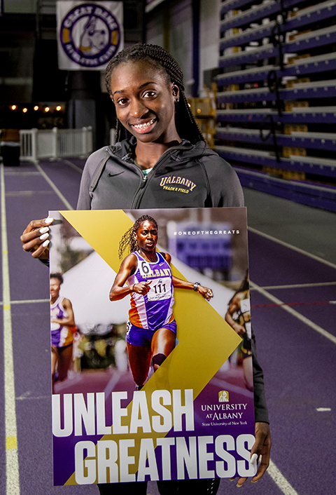UAlbany alum Grace Claxton on the Broadview Center track in 2020 while training for the Olympics.
