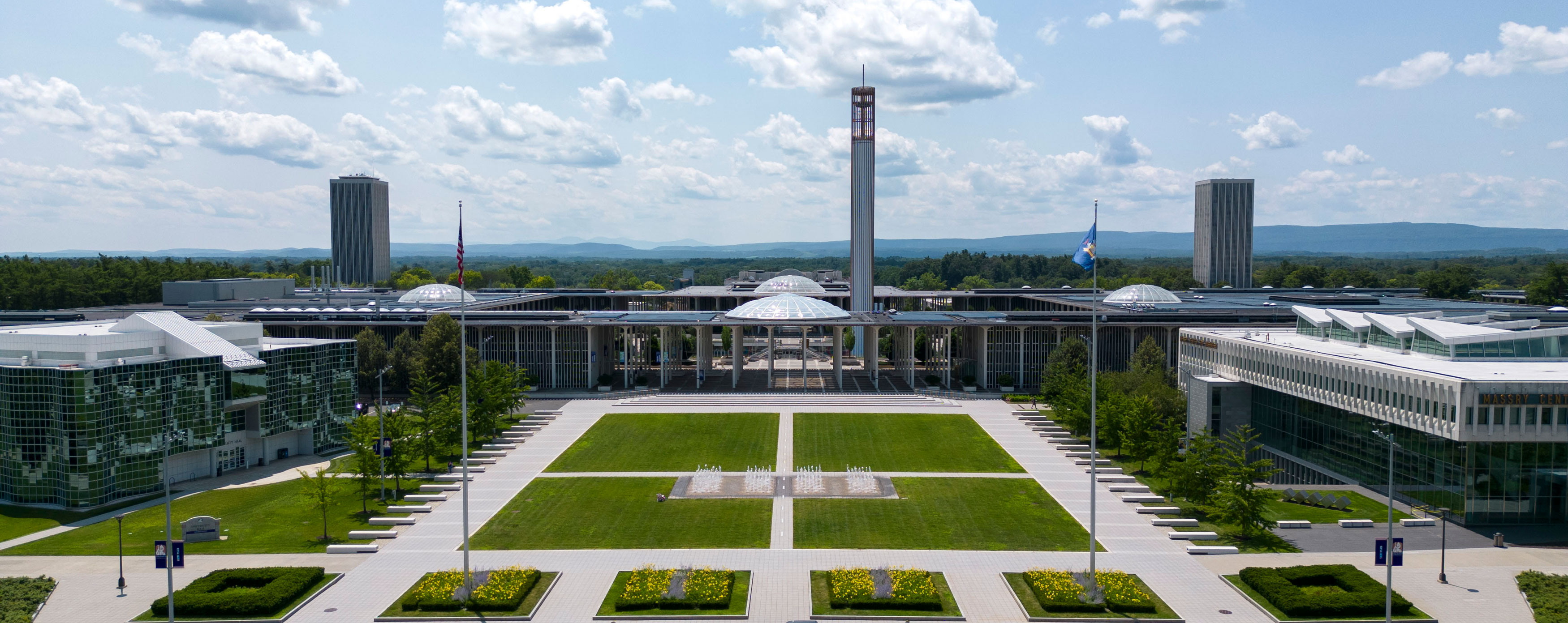 UAlbany's entry plaza on a bright spring day.