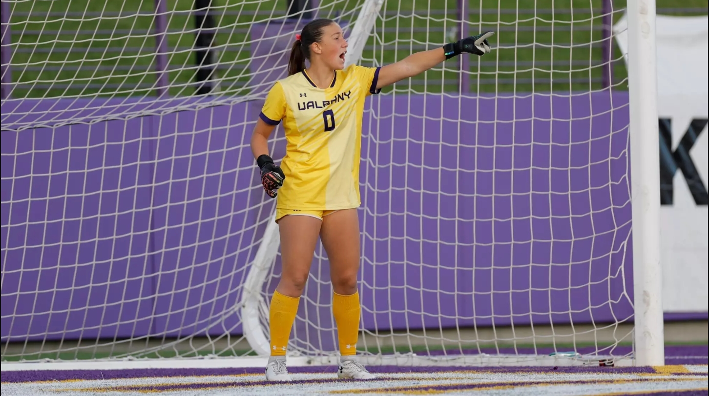 Redshirt freshman Emily Dorfman is in goal for the University at Albany women's soccer team.