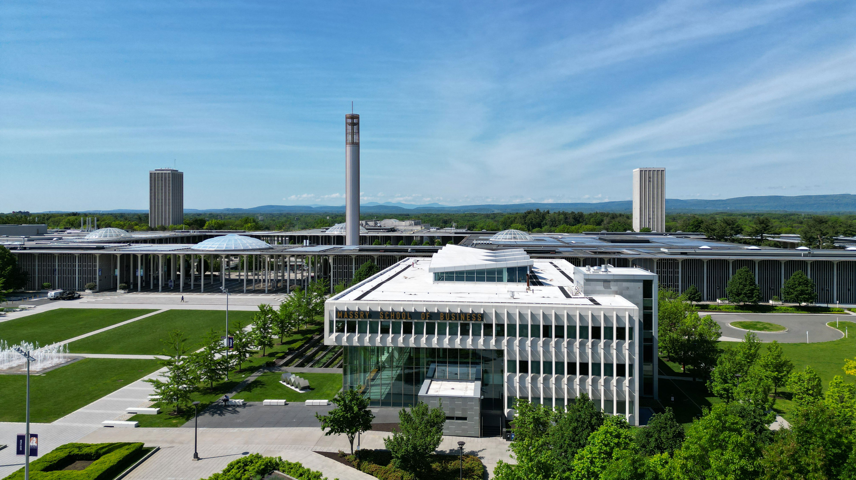 The UAlbany's Uptown Campus, as seen from a drone on a clear and sunny day.