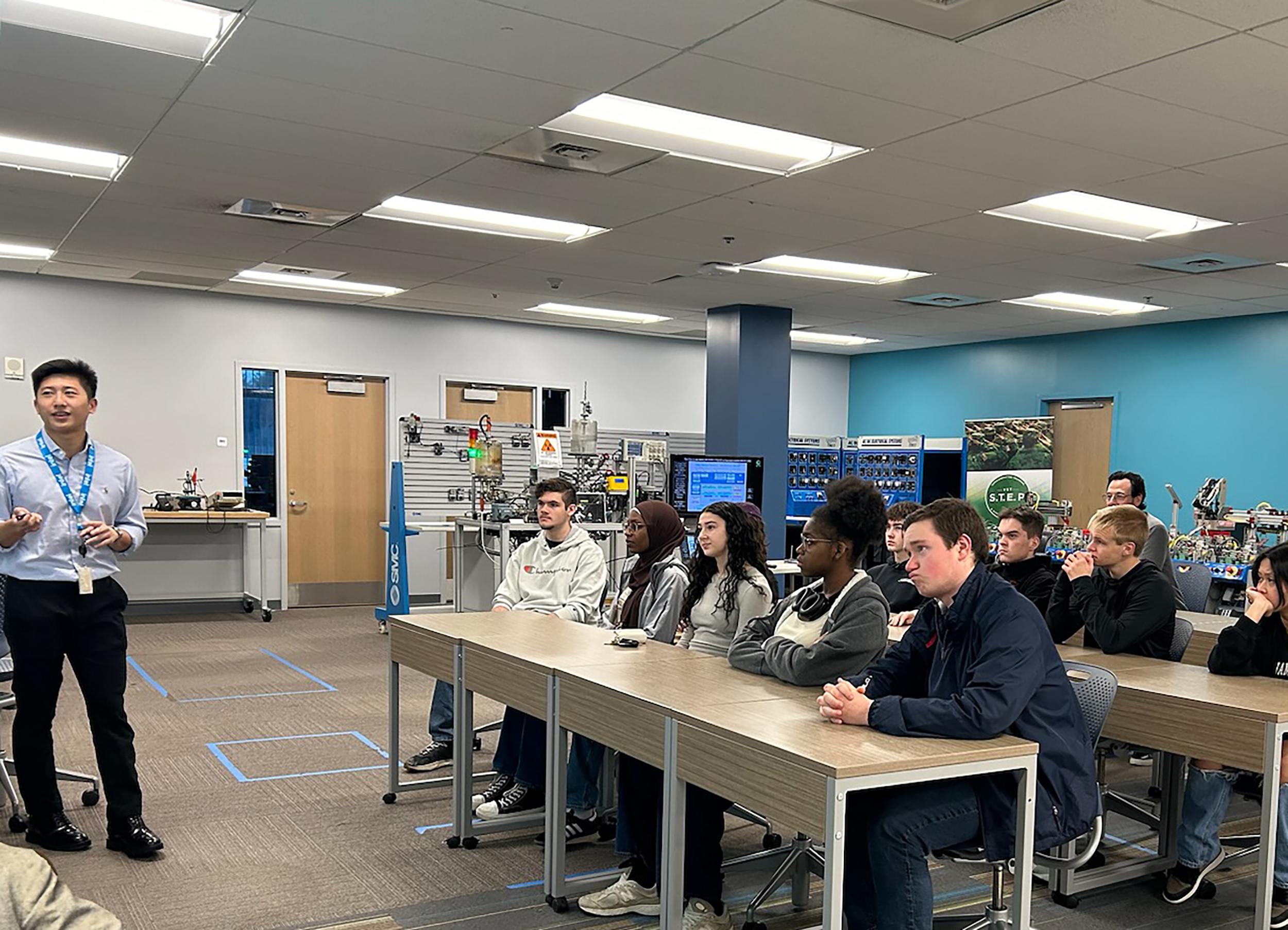 UAlbany PhD student Justin Nhan presents to New Visions Engineering Students visiting the Albany NanoTech complex. (photo provided)