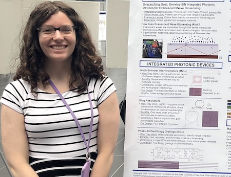 Julia Garrison presents her research on photonic devices during a poster session.