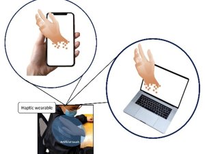 Diagram compares visual-driven interfaces like a cell phone or computer screen to Haptic-Wearable Devices that deliver information through the sense of touch.