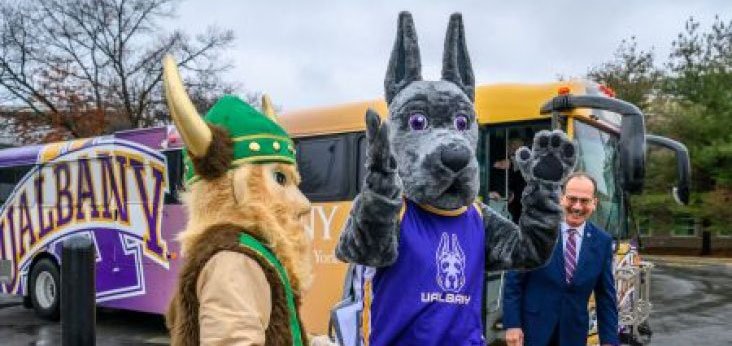 UAlbany and HVCC Mascots at Dual Admission signing.