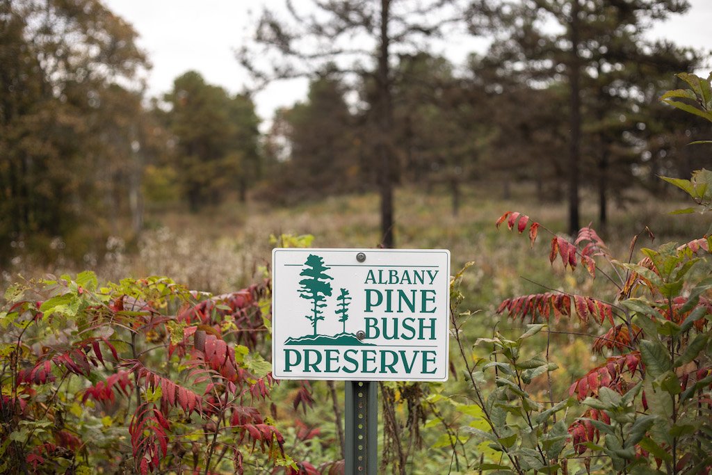 A sign of the Pine Bush Preserve in Albany, New York