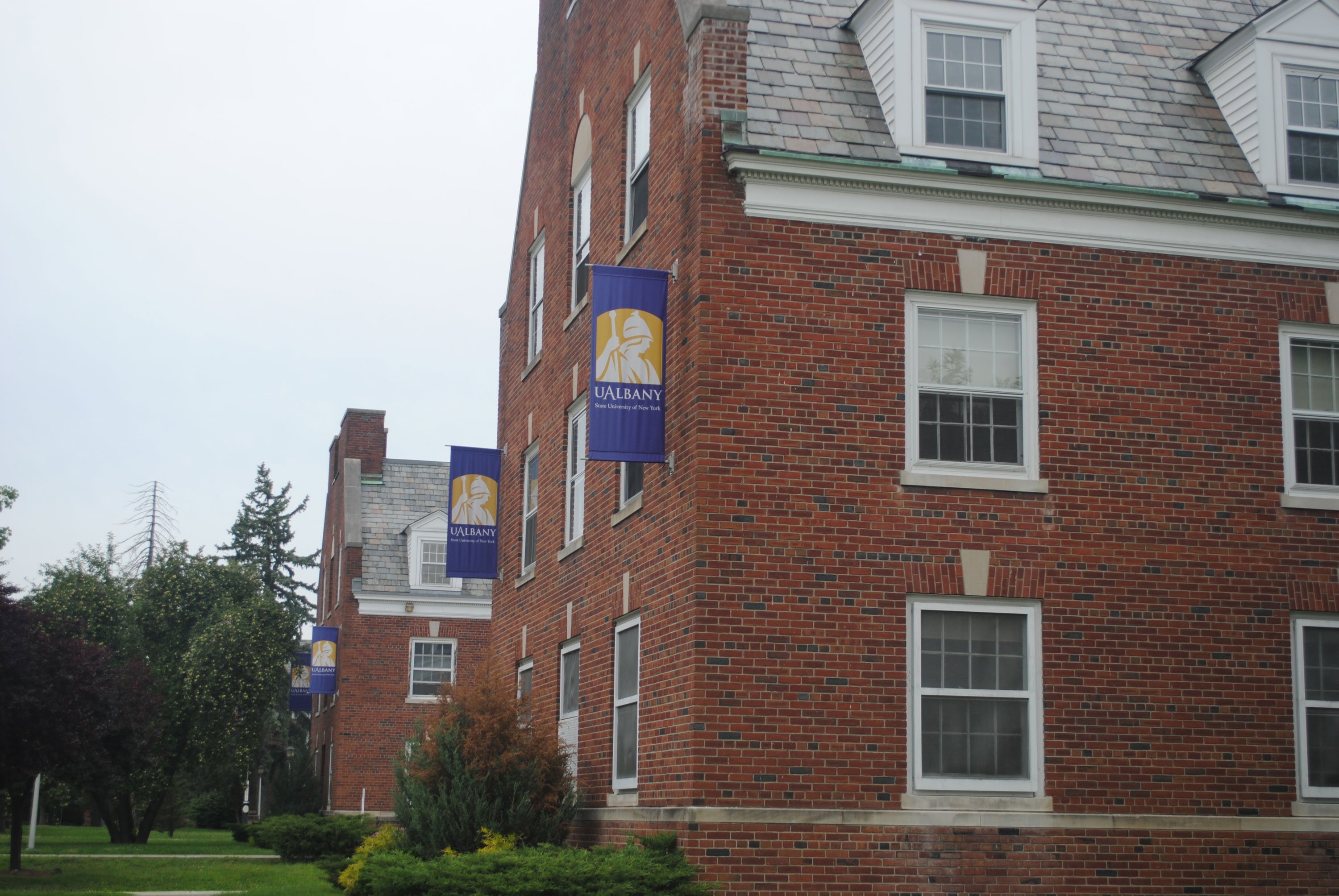 The brick exterior of UAlbany's Alumni Quad.