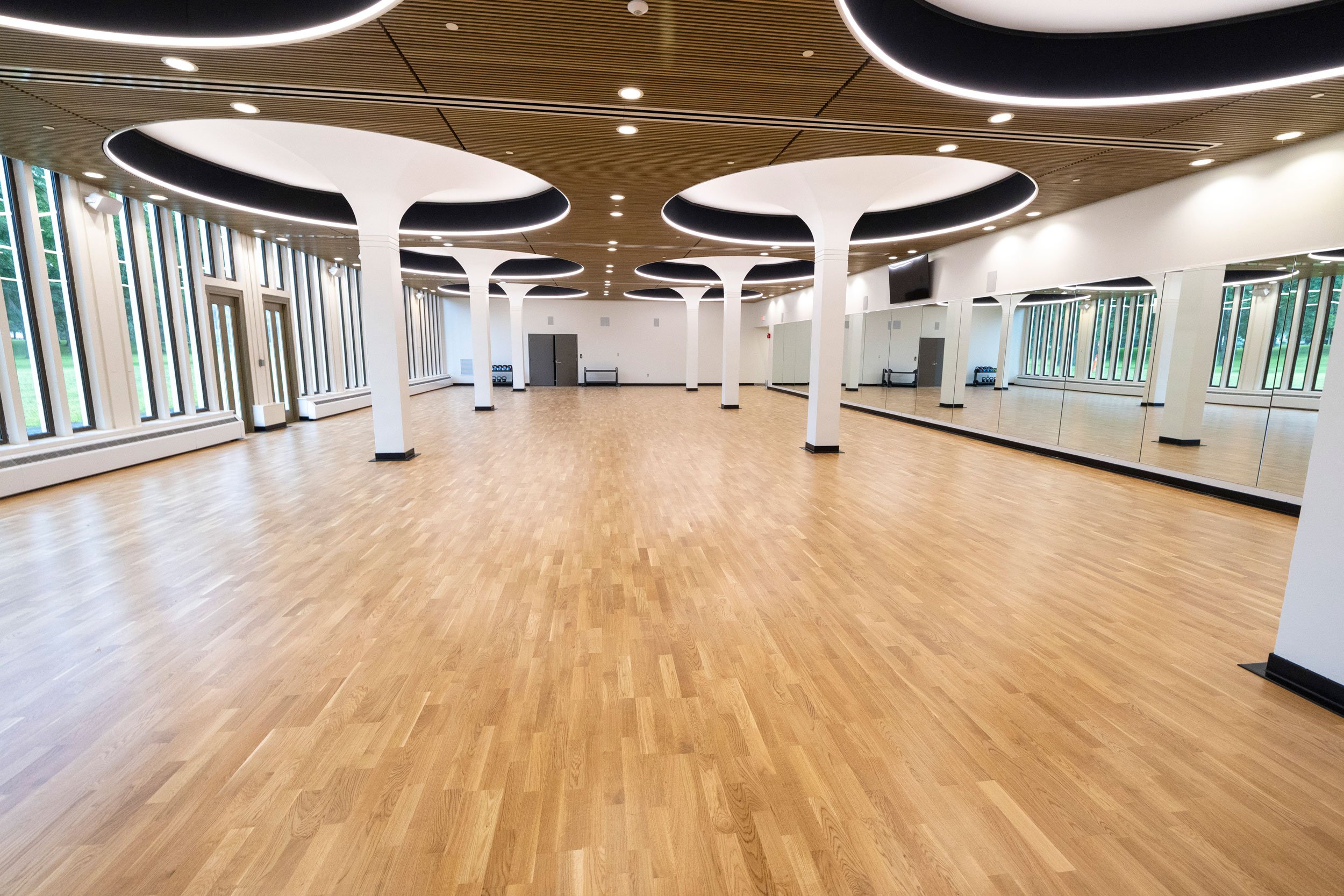 A group exercise room with a wood floor, a mirrored wall and bright white columns.