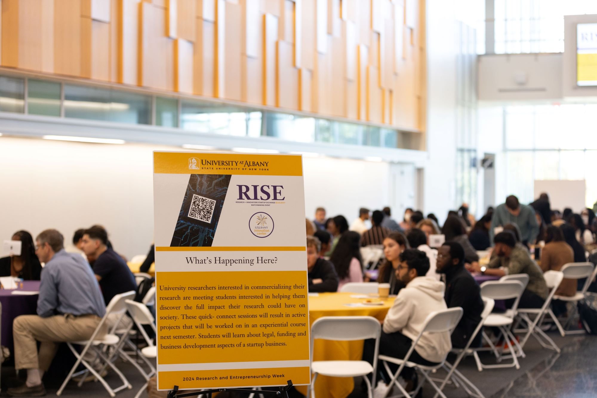 A poster discussing the UAlbany RISE program is on display during R&E Week at UAlbany in October, 2024.