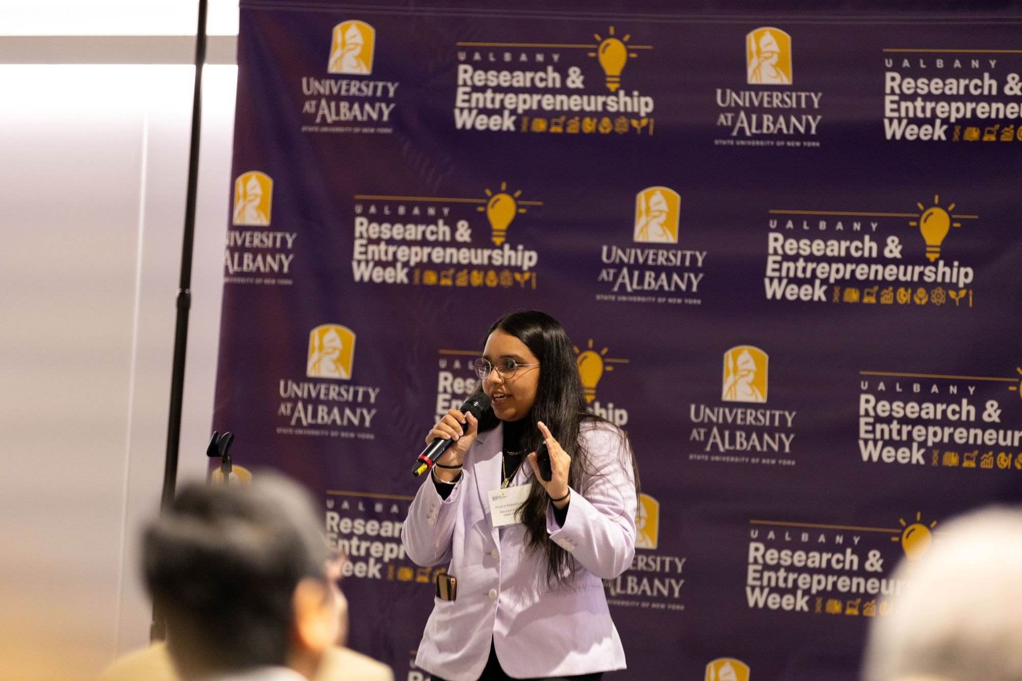 A student presents during the Blackstone Launchpad pitch competition at R&E Week in October, 2024.