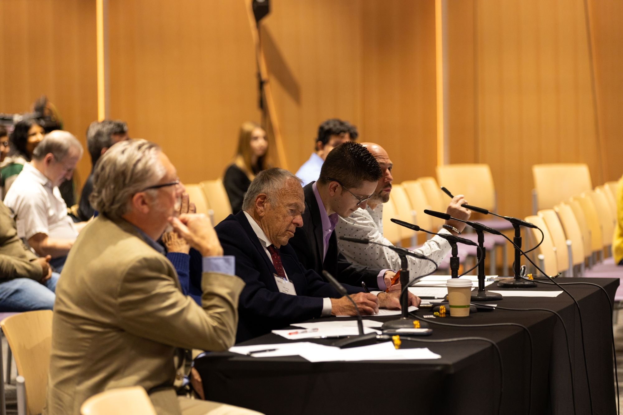 A judges' panel listens to students during the Blackstone Launchpad pitch competition at R&E Week at UAlbany in October, 2024.