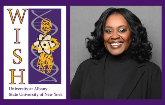 A composite of the WISH logo, with the text 'WISH, University at Albany, State University of New York,' on the left and an image of Dr. Kay Johnson-Winters wearing black and smiling in front of a gray background, on the right.