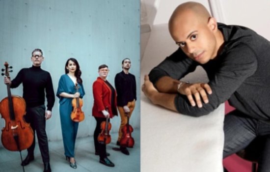 Split image. The left side has four musicians posing with their string instruments, the right has a man leaning on a railing