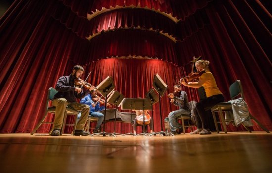 Five musicians play instruments on stage