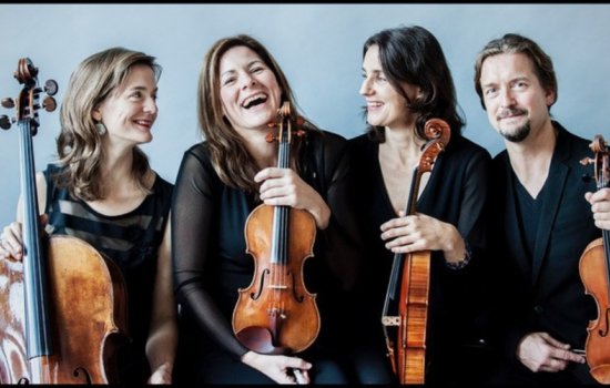 Four musicians pose with their string instruments.