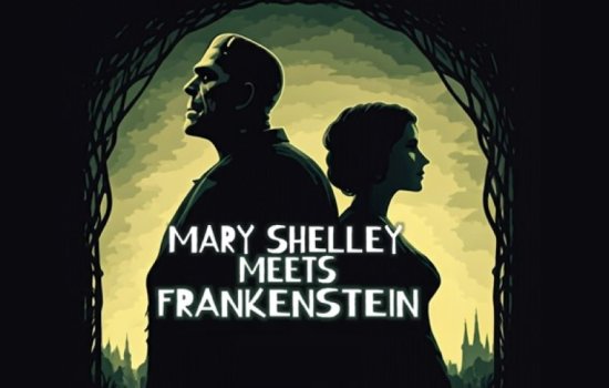 Frankenstein's monster stands back to back with a woman