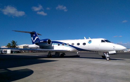 A NOAA G-IV jet prepares for takeoff from Honolulu, Hawaii.