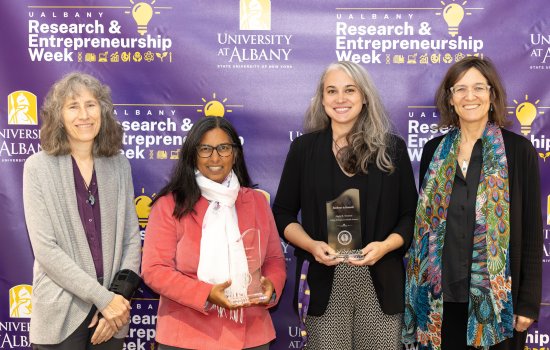 From left to right, Professor Julie Novkov, Professor Rajani Bhatia, Professor Angie Wootton, and Professor Barbara Sutton at UAlbany's 2025 Research and Entrepreneurship Week.