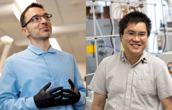 Side-by-side photos of two men in chemistry labs -- one in a blue lab coat with black gloves, the other in tan short-sleeved short and eyeglasses.