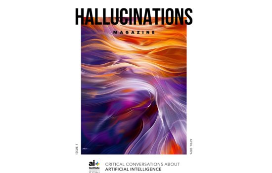 The cover of the first issue of Hallucinations magazine. The magazine name runs along the top of the page. The AI Plus logo and the words "Critical conversations about artificial intelligence" run along the bottom. In the center is an abstract art piece that looks like orange and purple waves.