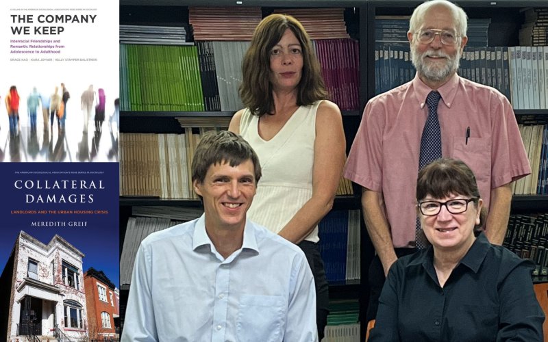 At left, the covers of two books called "The Company We Keep" and "Collateral Damages." At right, four faculty members, two standing and two sitting, pose in front of a full bookshelf.